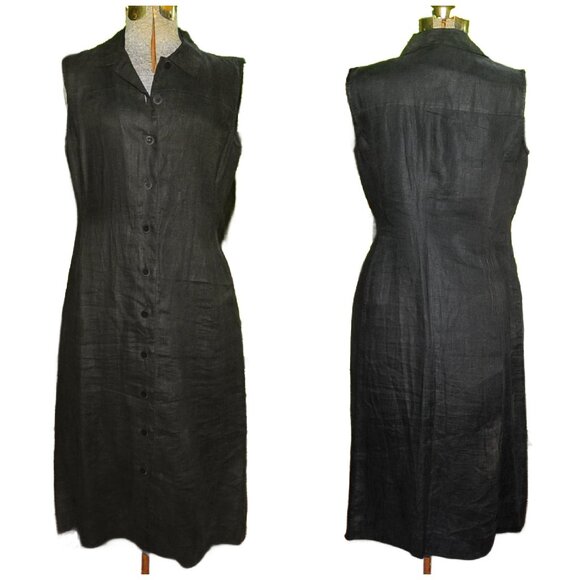 Women's Black Linen Button Front Sleeveless Midi Dress by Vivace Size 10 Unlined - Picture 3 of 7